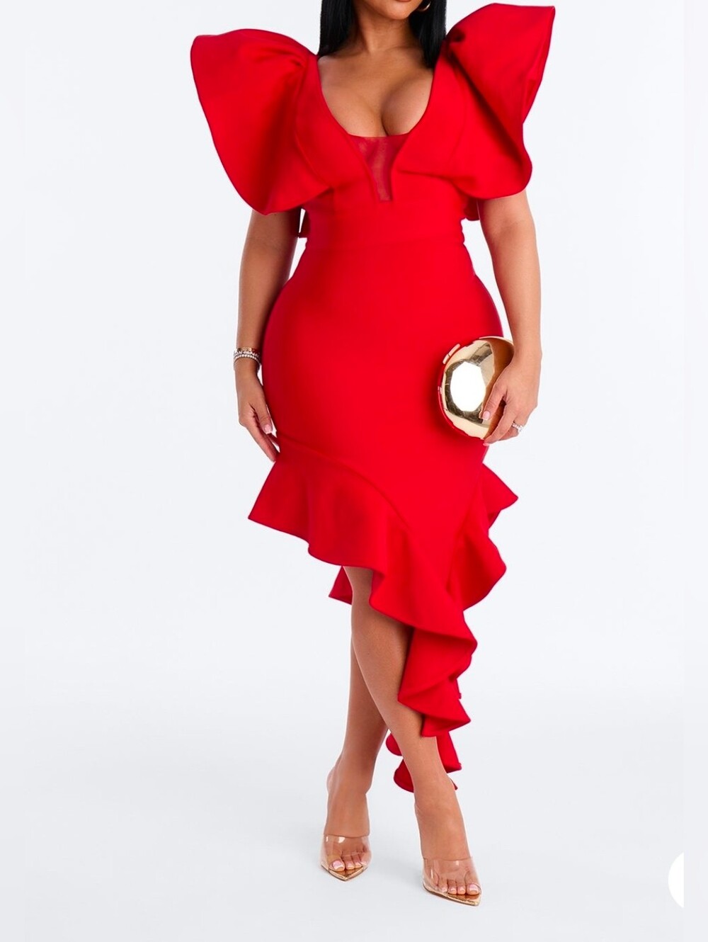 Red Ruffle Asymmetrical Midi Dress - Women